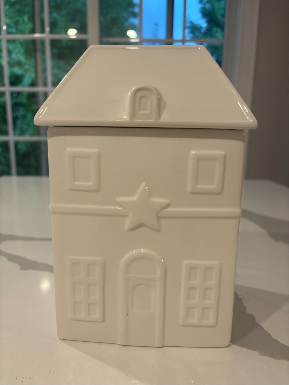 White Ceramic Holiday House Canister w/ Lid… 12x5x5 Inches